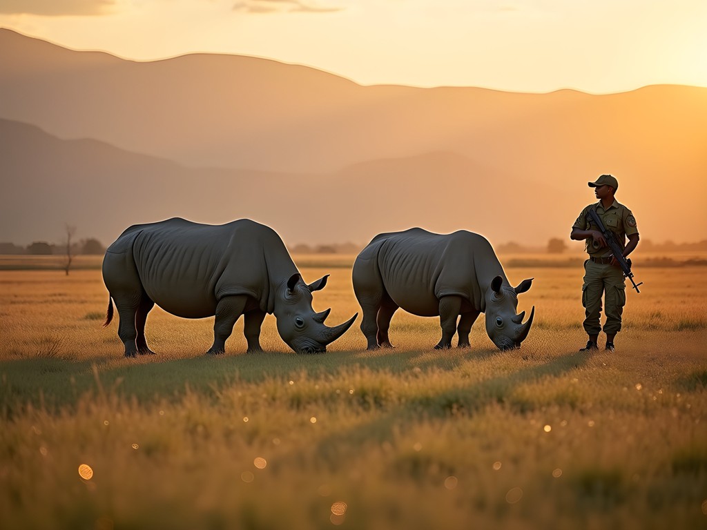 The last two northern white rhinos on Earth with armed rangers at Ol Pejeta Conservancy in Kenya