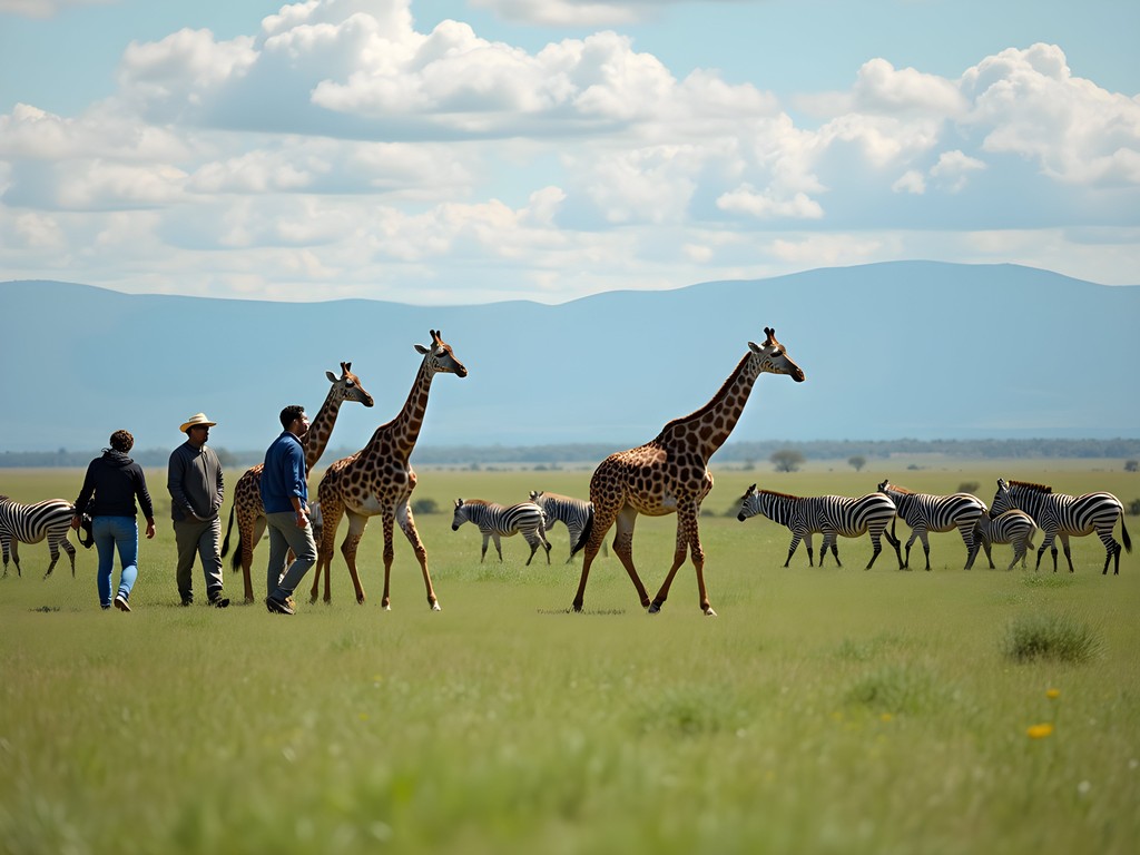 Family on walking safari with giraffes on Crescent Island, Lake Naivasha with mountains in background