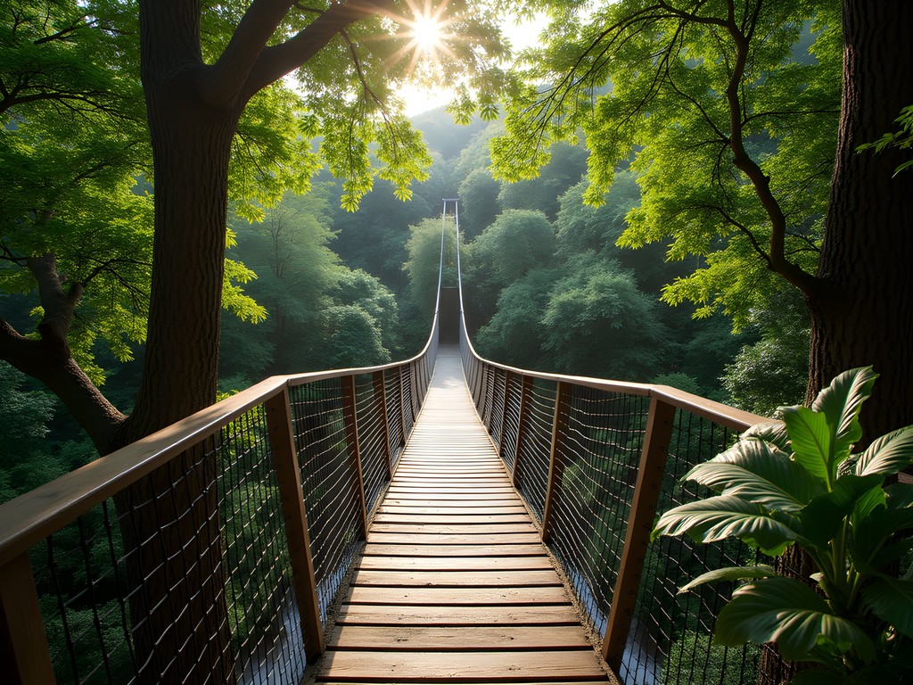 Wooden suspension bridge over lush forest canopy in Lowveld National Botanical Garden