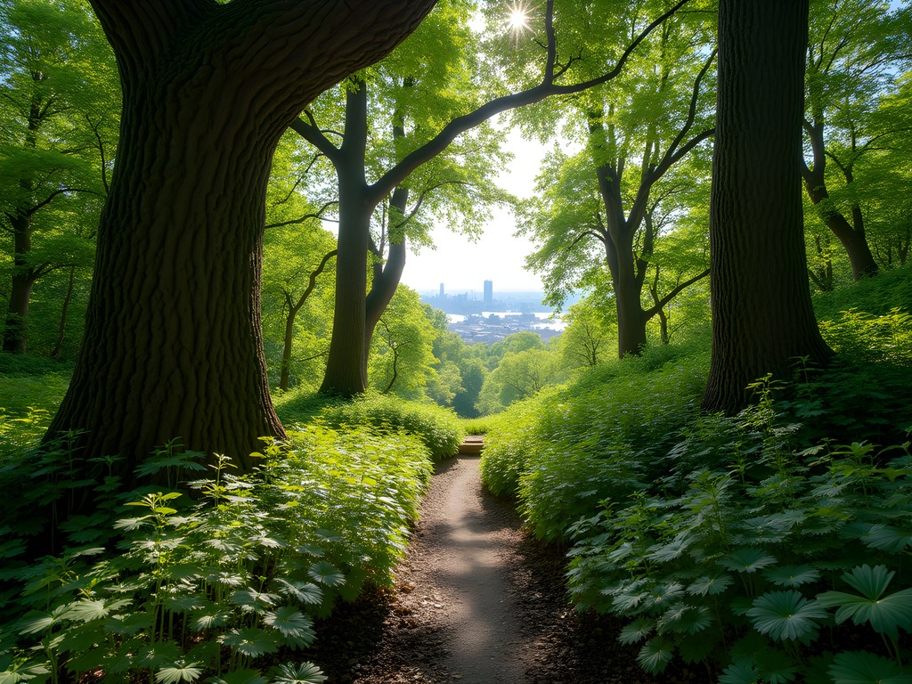 Ancient forest trail in Inwood Hill Park with Manhattan skyline visible through trees