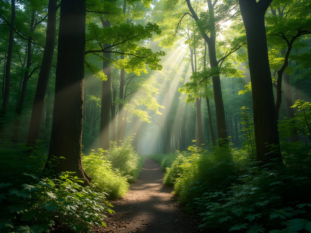 Sunlight filtering through dense forest canopy on Staten Island Greenbelt hiking trail