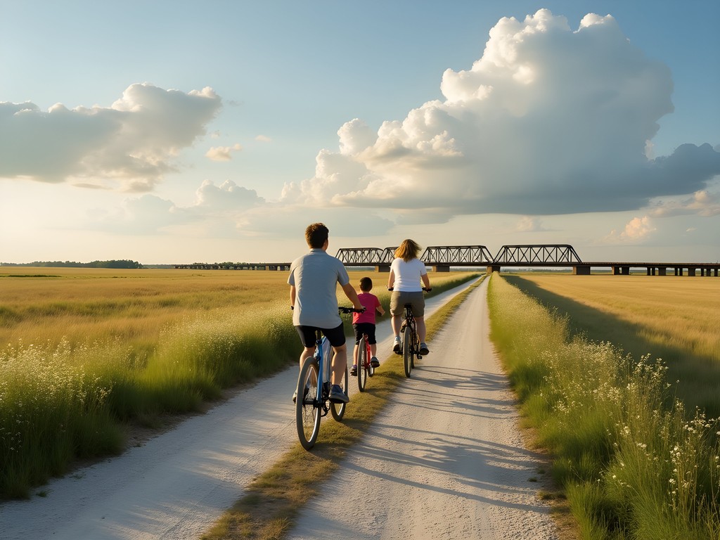 Cyclists on crushed limestone Cowboy Trail with prairie landscape in Norfolk Nebraska