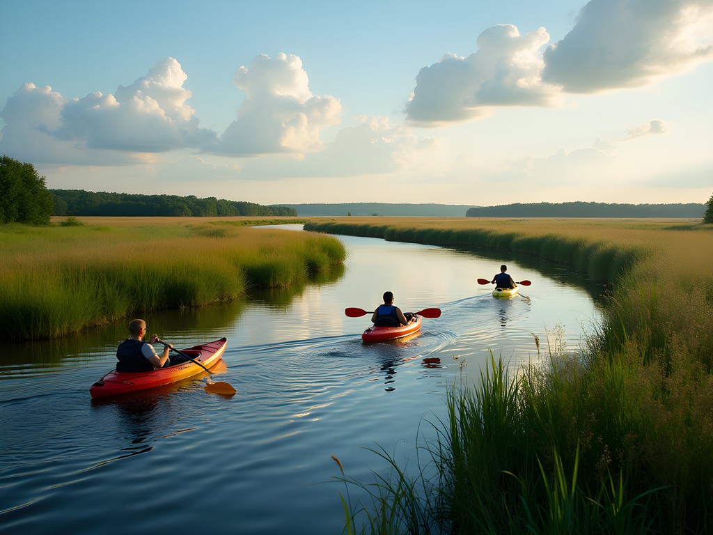 Family kayaking on calm Elkhorn River with prairie grasslands in background