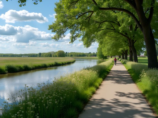 Paved Elkhorn River Trail in Norfolk Nebraska with cyclists and spring wildflowers
