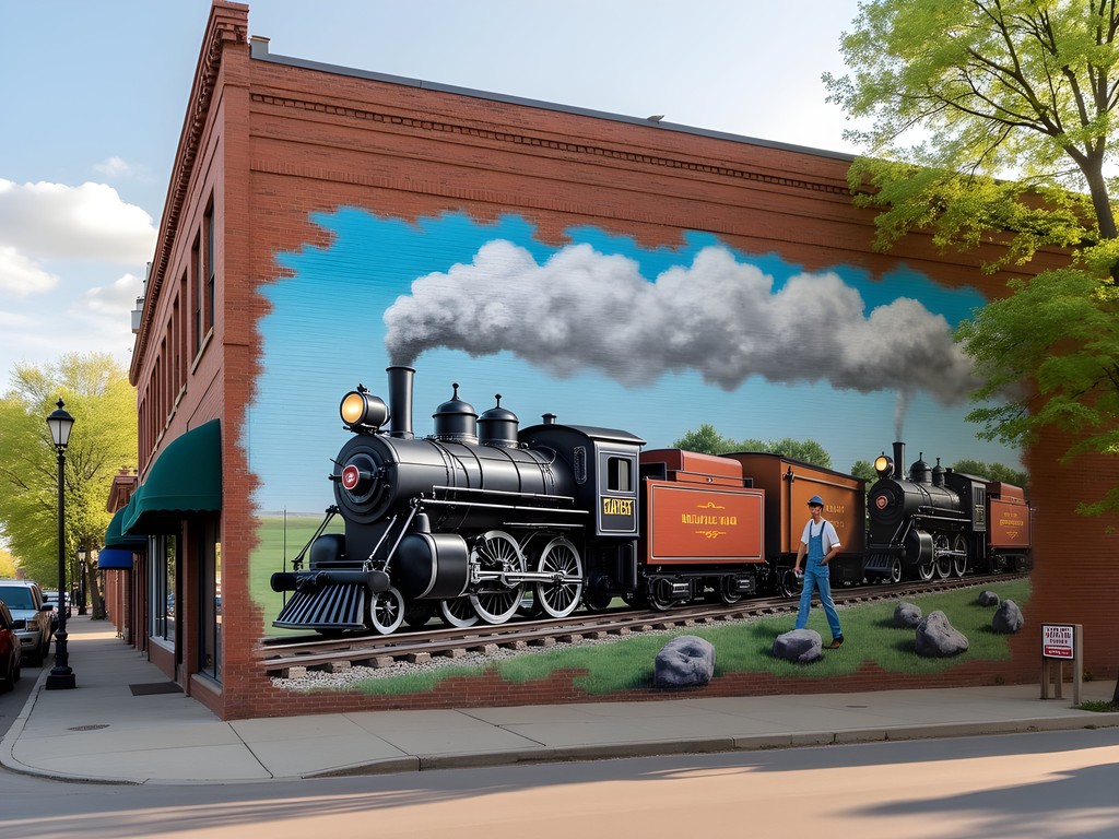 Historic railroad mural street art in downtown Norfolk Nebraska