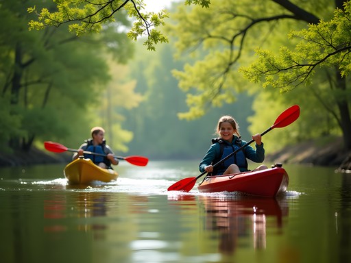 Family kayaking on Rock Creek with spring foliage in North Little Rock
