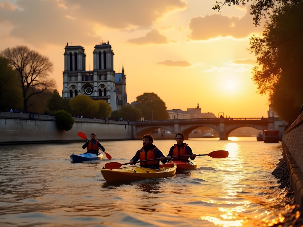 Kayaking on the Seine river in Paris at sunset with Notre-Dame Cathedral in background