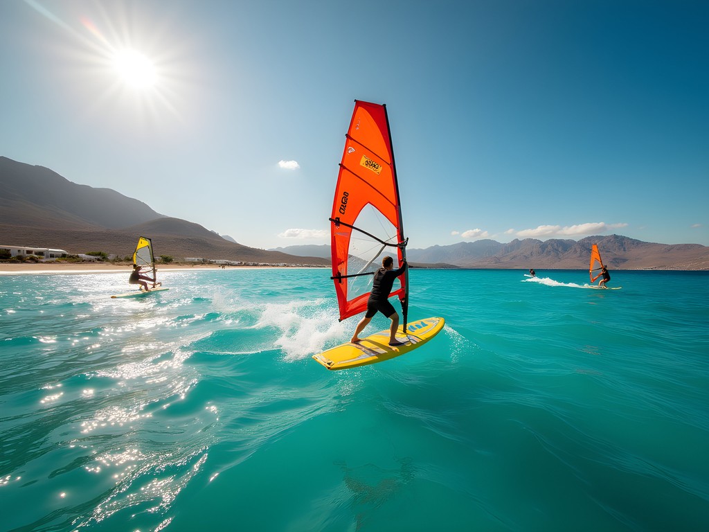 Woman windsurfing at Golden Beach Paros with mountains in background