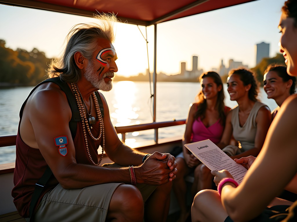 Indigenous guide sharing dreamtime stories during Swan River cultural cruise