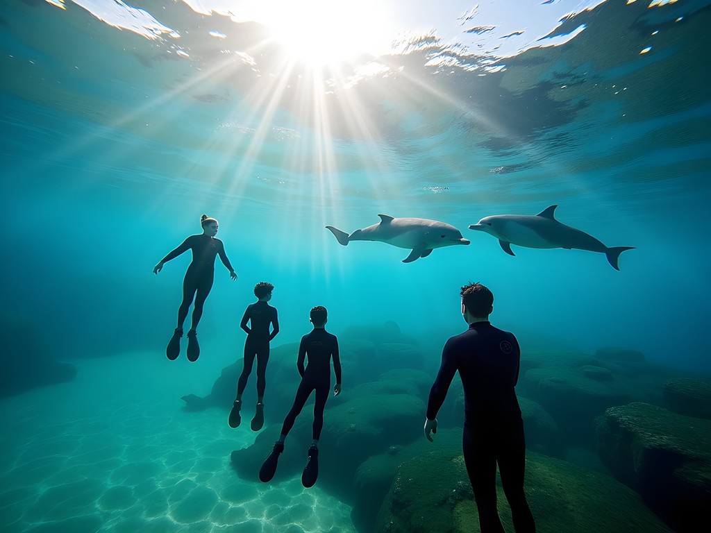 Family swimming with wild dolphins in Rockingham, Perth