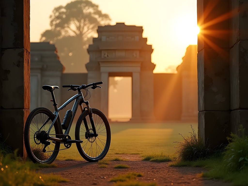 Bicycle silhouette against sunrise at Polonnaruwa ruins in Sri Lanka