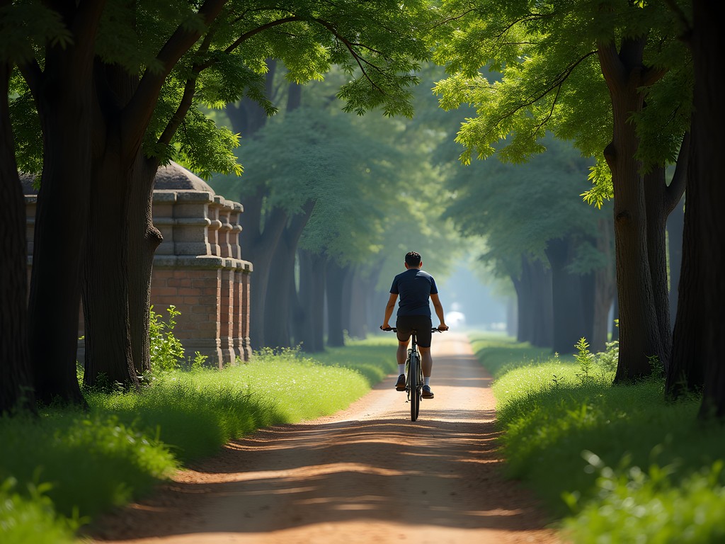 Tree-lined cycling path between ancient ruins in Polonnaruwa Archaeological Park