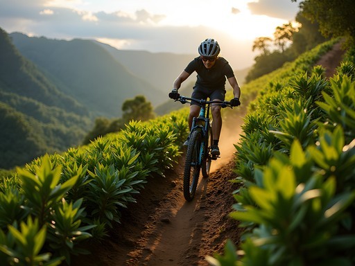 Mountain biker riding single-track trail through coffee plantation in Puerto Plata highlands