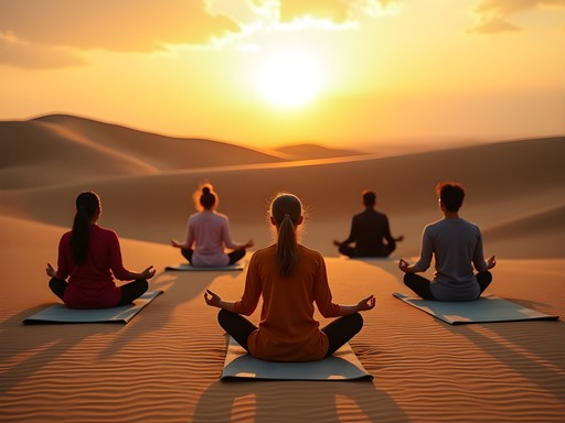 Group meditation session in sand dunes outside Pushkar at sunset