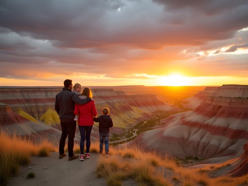 Family hiking through colorful Badlands formations at sunset