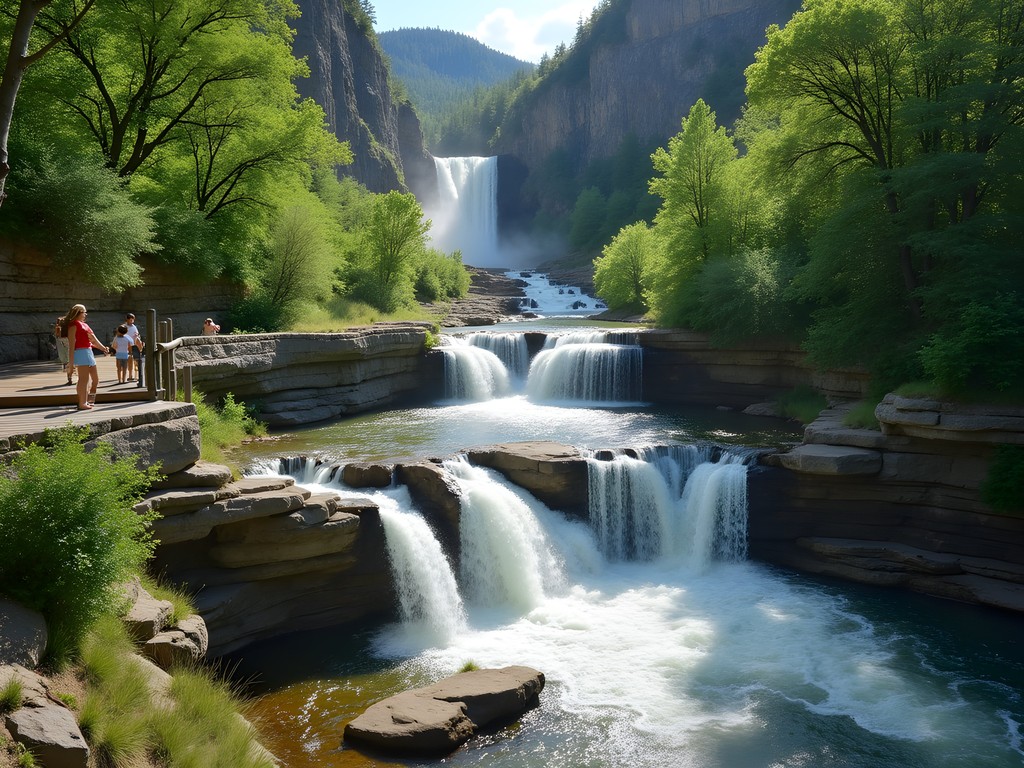 Family enjoying Roughlock Falls in Spearfish Canyon with summer greenery
