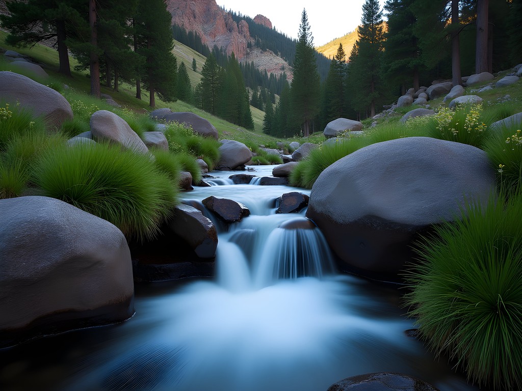 Small waterfall cascading over rocks on Galena Creek with pine forest surrounding