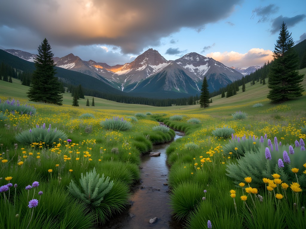 Alpine meadow with snow-capped mountains in background and creek running through wildflowers