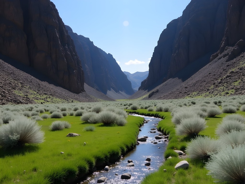 Hidden canyon trail with volcanic rock formations and creek flowing through meadow