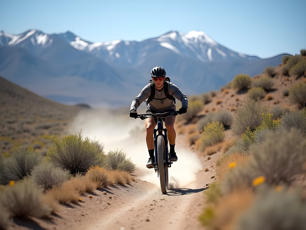 Mountain biker on singletrack trail at Hidden Valley Regional Park Reno with desert landscape