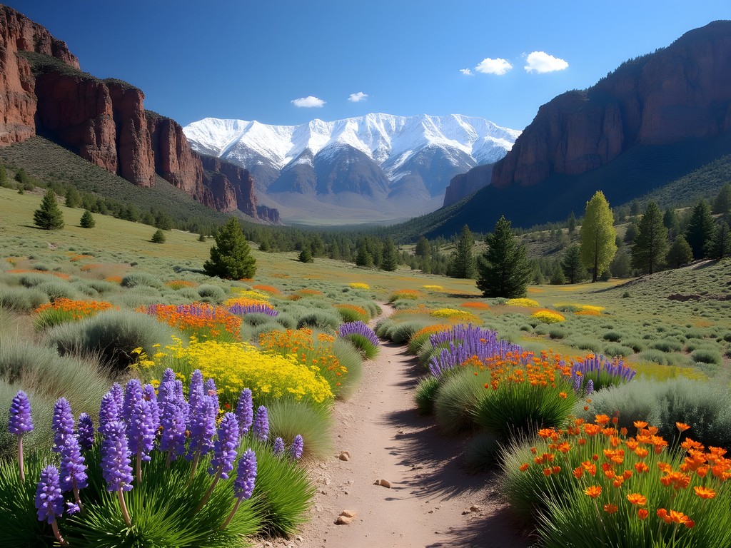 Spring wildflowers blooming along Thomas Creek Canyon trail near Reno Nevada with mountain views