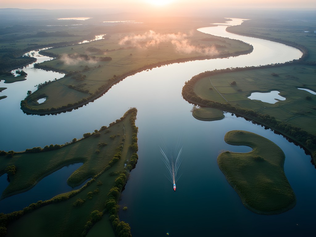 Aerial view of the Sacramento Delta waterways with kayaker navigating through channels