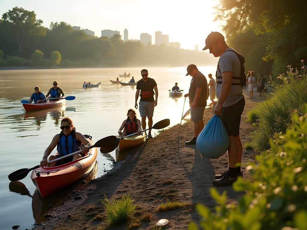 Volunteers participating in Sacramento river cleanup with kayaks