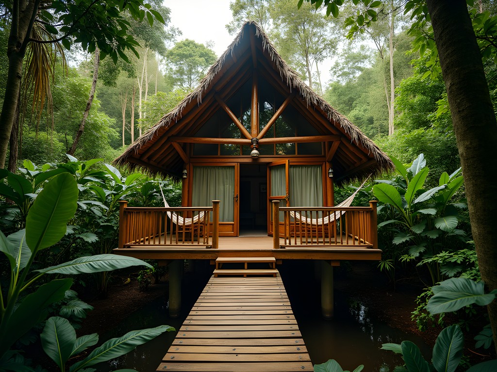 Elevated wooden eco-lodge cabin connected by boardwalks above the rainforest floor