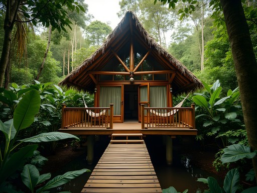 Elevated wooden eco-lodge cabin connected by boardwalks above the rainforest floor