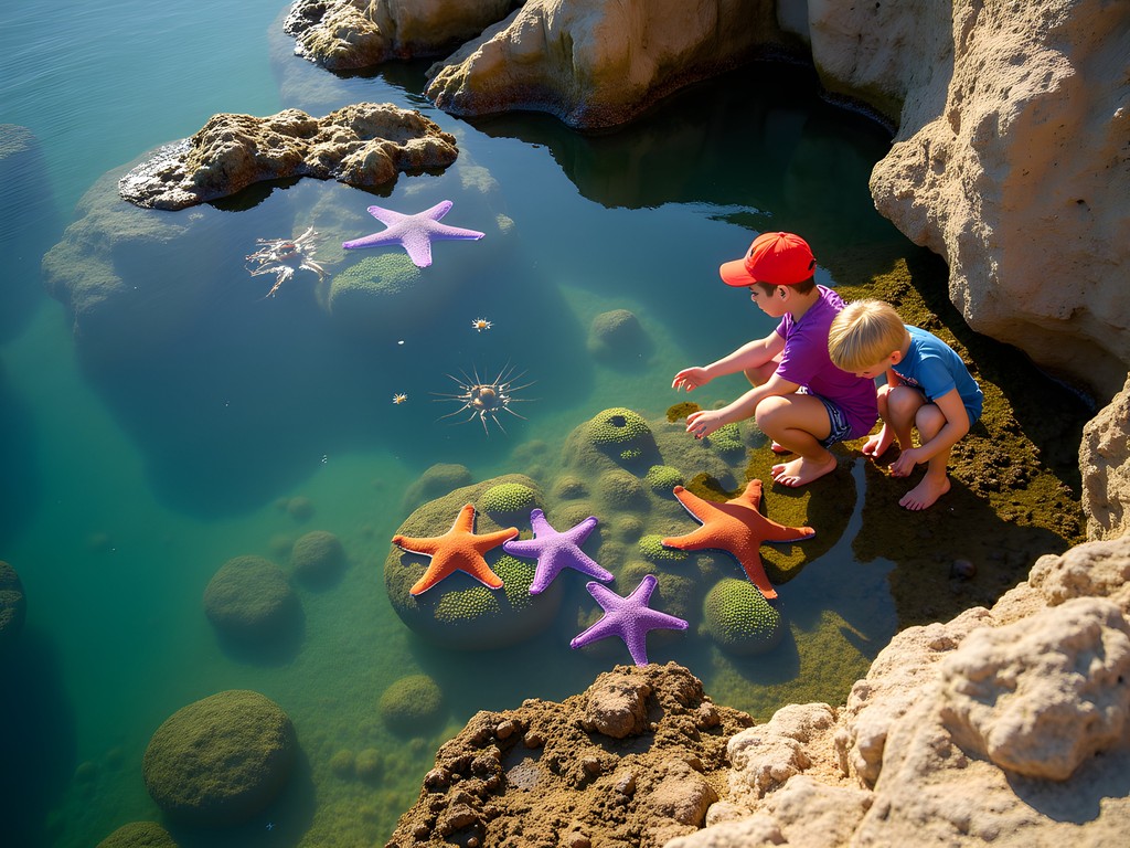 Children exploring tide pools at Cabrillo National Monument with sea stars and anemones visible