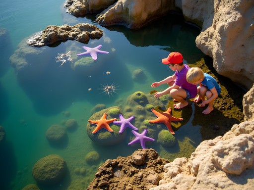 Children exploring tide pools at Cabrillo National Monument with sea stars and anemones visible