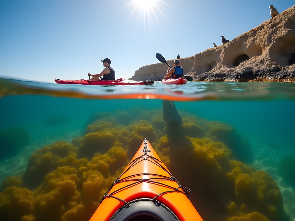 Family kayaking through kelp forest at La Jolla Shores with sea lions in background