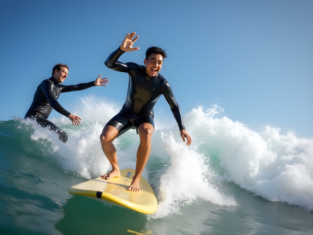 Beginner surfer catching first wave during surf lesson at Pacific Beach San Diego