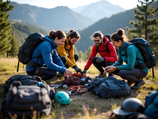 Group of outdoor adventurers preparing gear at trailhead in Wasatch Mountains Utah