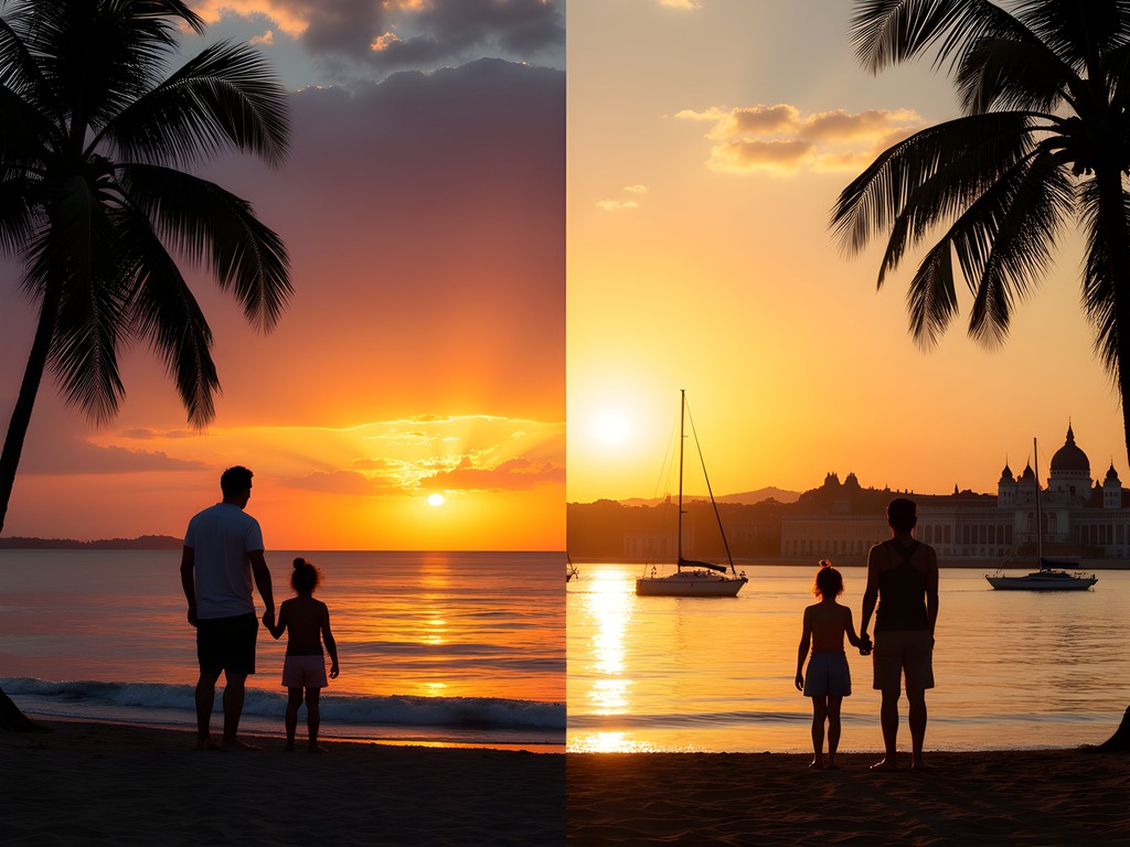 Split image comparing family enjoying sunsets at both Santa Marta and Lake Balaton