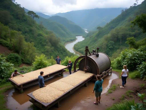 Family learning about coffee production at La Victoria coffee farm in Minca