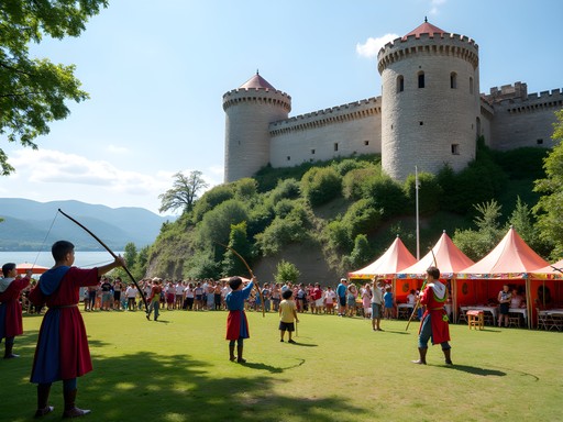 Children participating in medieval activities at Szigliget Castle overlooking Lake Balaton