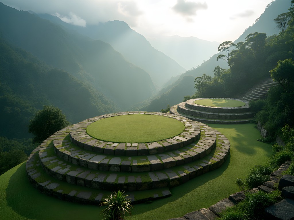Ancient stone terraces of Ciudad Perdida (Lost City) emerging from misty jungle in Sierra Nevada