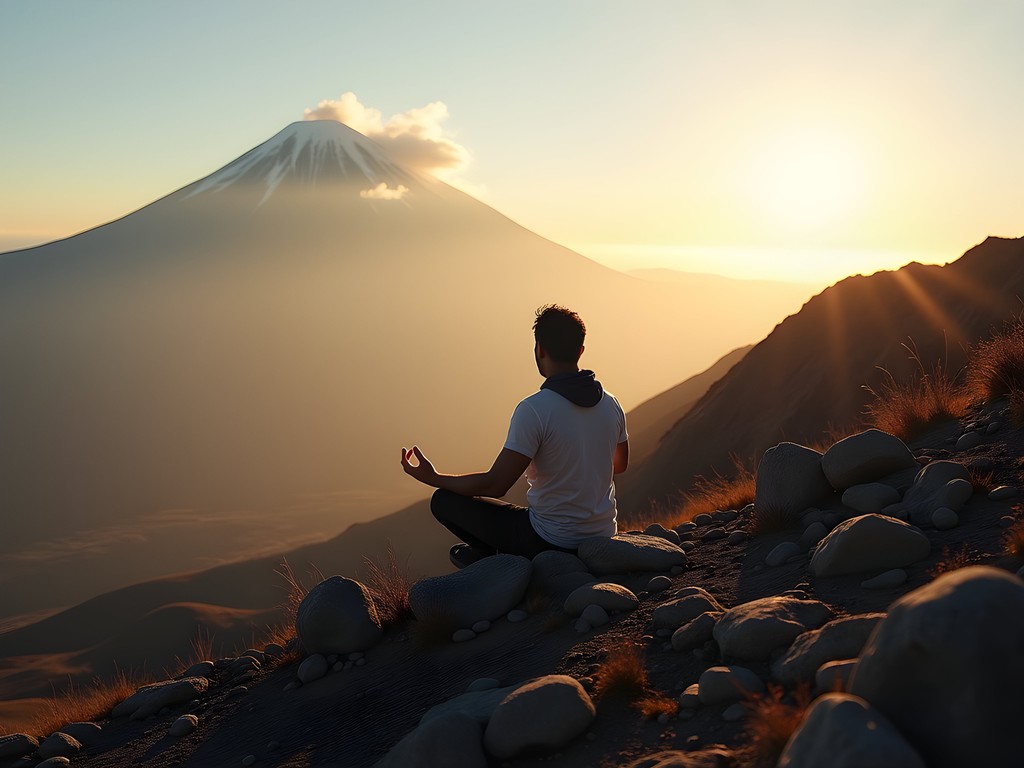 Solitary hiker meditating on volcanic landscape with El Misti volcano in background
