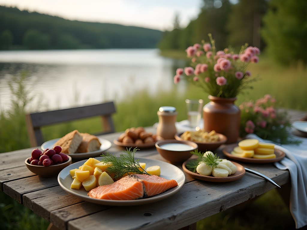 Traditional Finnish outdoor summer meal by a lake with fire-cooked salmon and wild berries