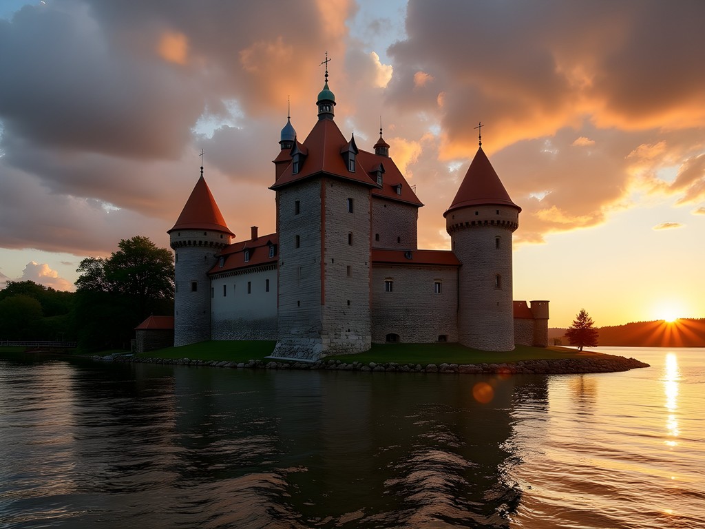 Olavinlinna medieval castle at sunset in Savonlinna, Finland