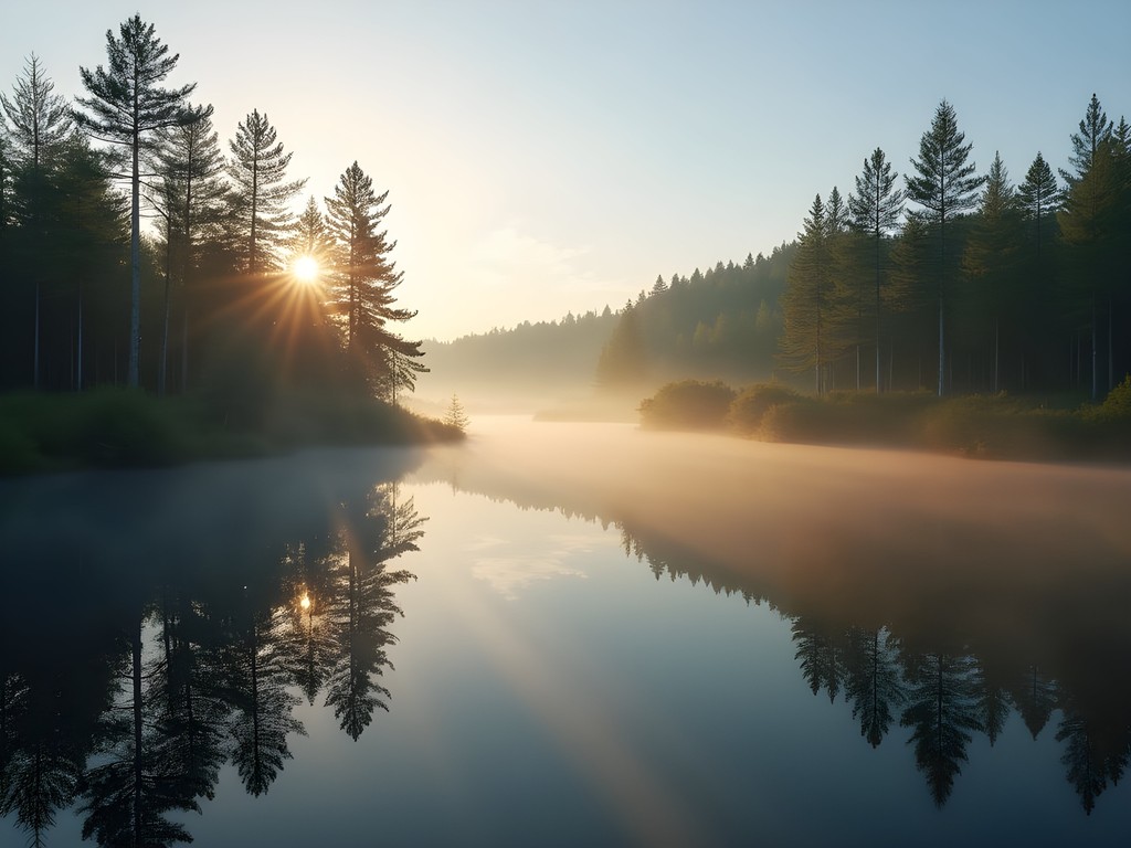 Morning mist rising over lakes along the Punkaharju ridge in Finland's Lake District