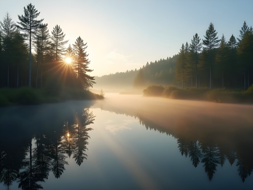 Morning mist rising over lakes along the Punkaharju ridge in Finland's Lake District