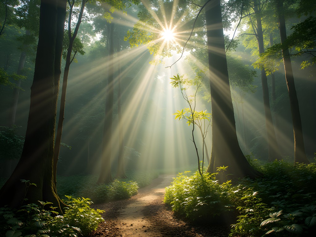 Sunlight filtering through multi-layered dipterocarp forest canopy in Mendaram Besar Forest Reserve