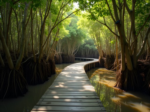 Wooden boardwalk through Seria's mangrove forest with visible wildlife activity