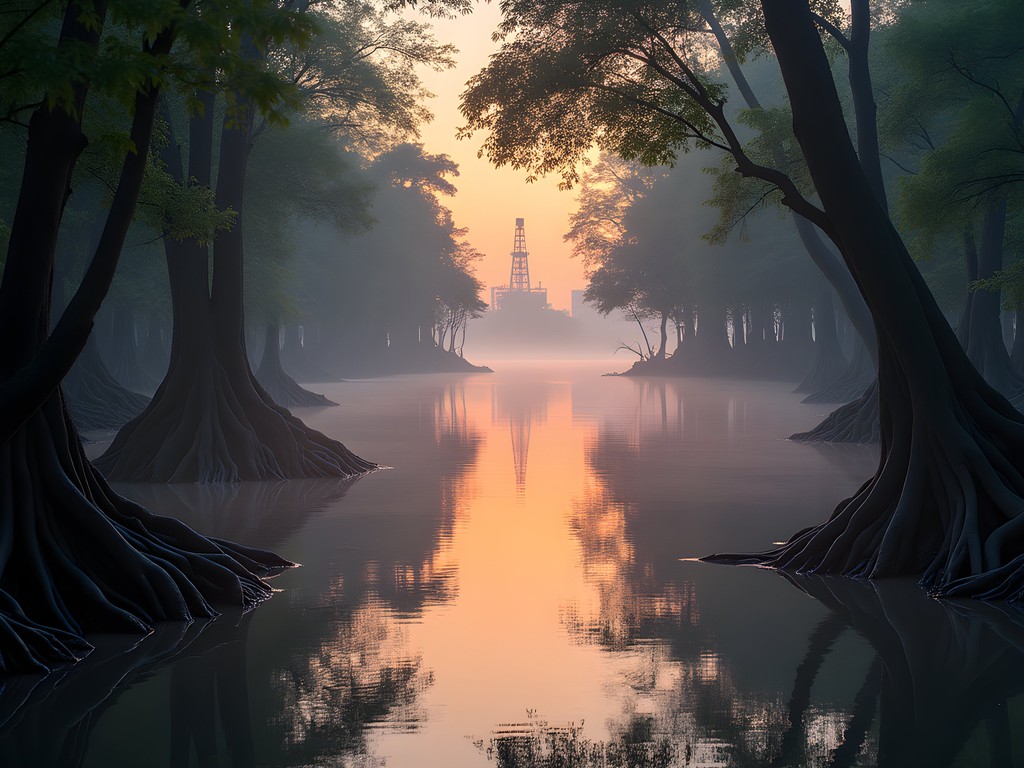 Misty dawn over Seria's mangrove forest with oil infrastructure silhouette in far background