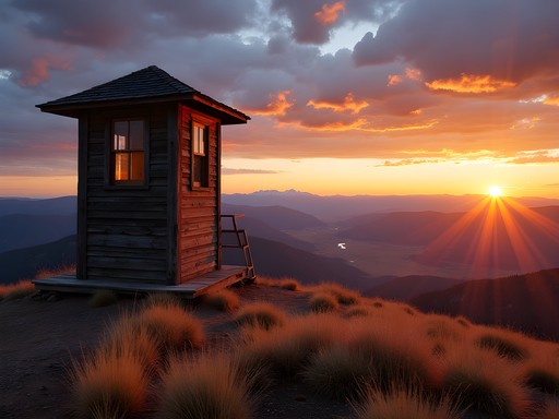 Historic fire lookout tower on Black Mountain near Sheridan Wyoming with dramatic sunset and mountain views