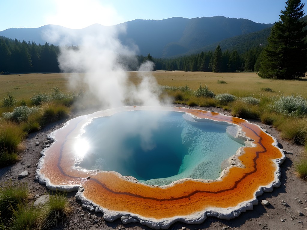 Secluded natural hot spring pool surrounded by meadow and mountains near Sheridan Wyoming