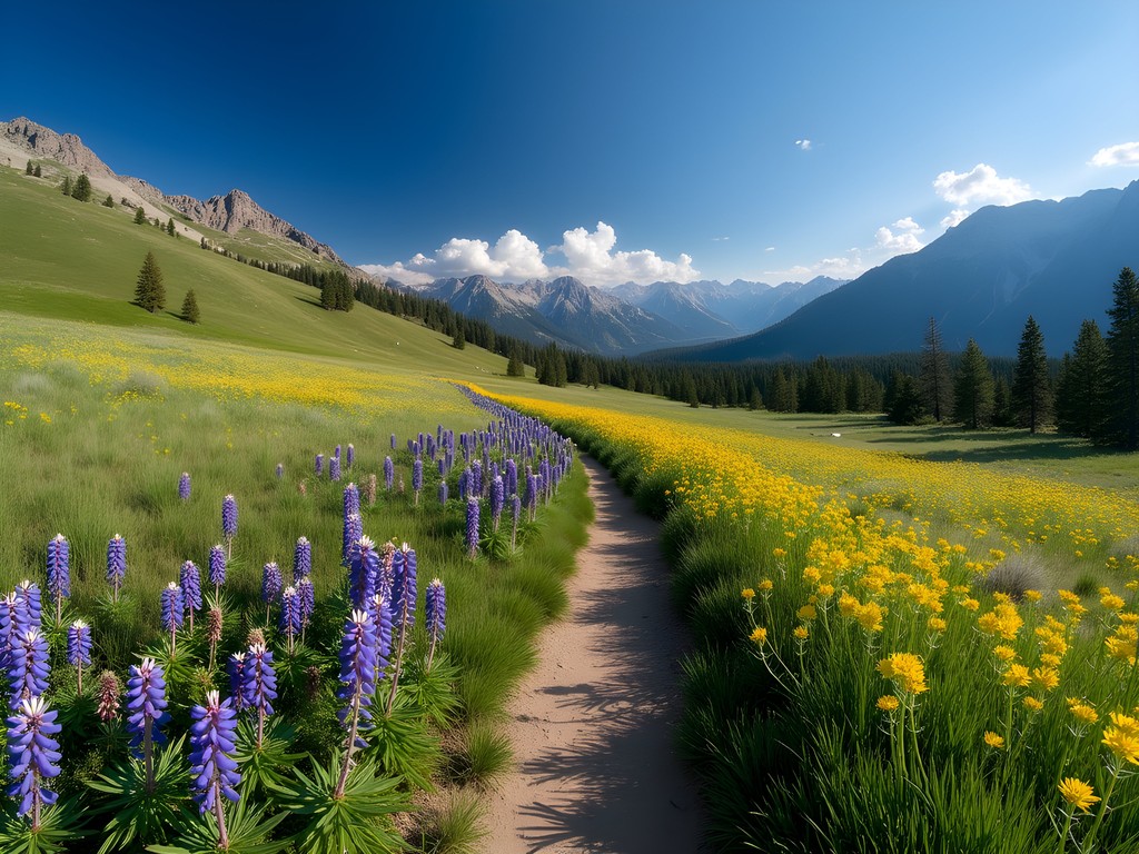Alpine meadow approach trail to Medicine Wheel with distant mountain views in Bighorn Mountains Wyoming