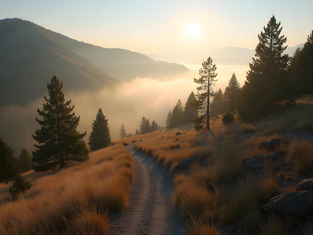Misty morning view from Red Grade Trail in Sheridan Wyoming with rolling hills and pine trees